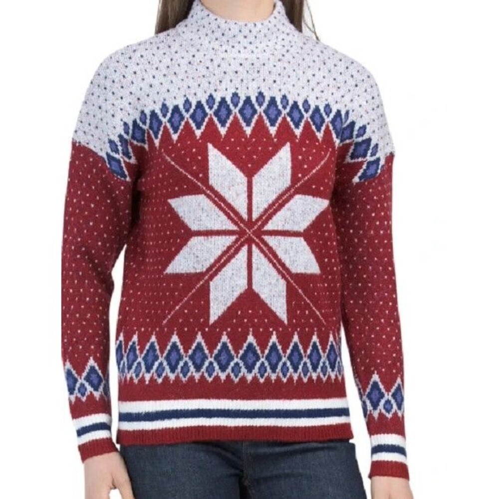 Telluride womens Red Navy White Mock Neck Fair Isle Pullover Sweater size Medium
